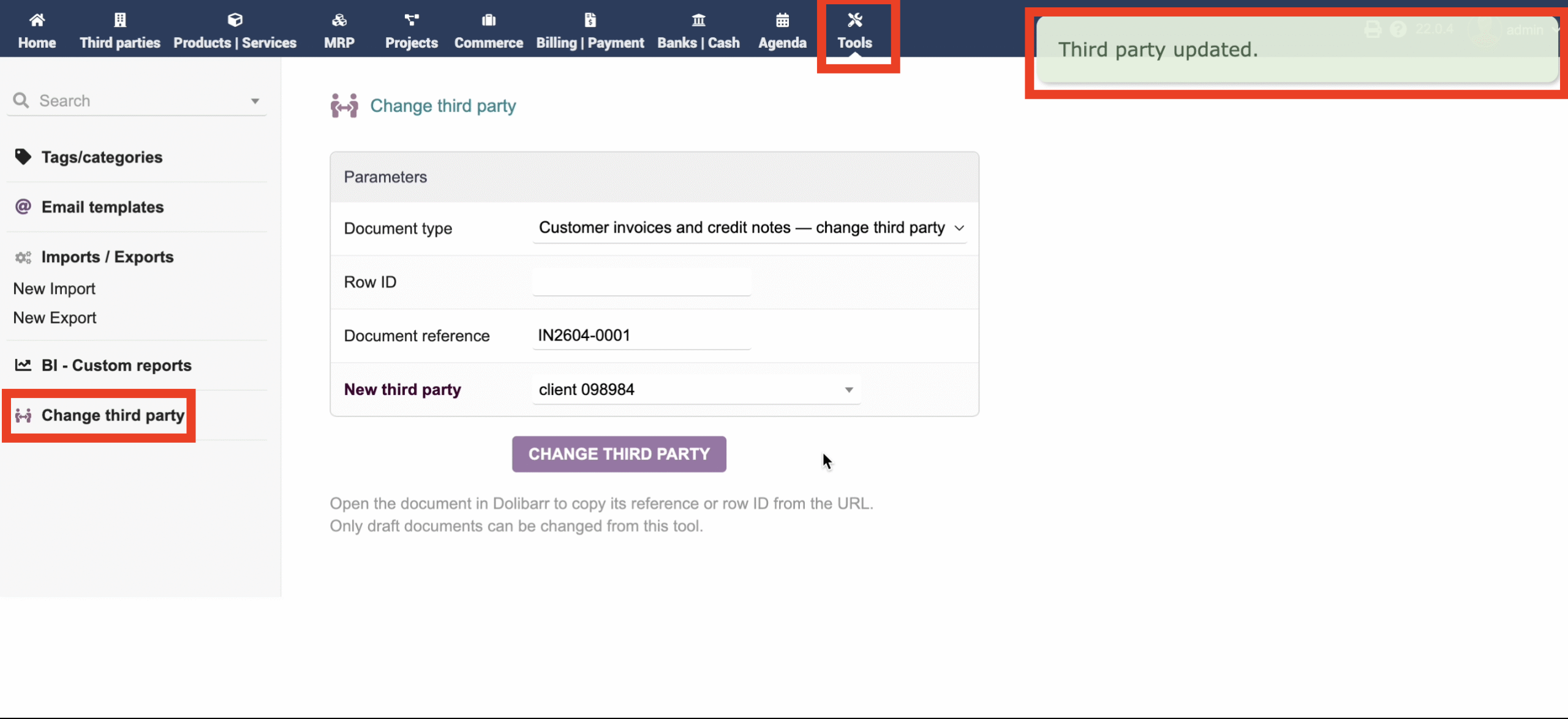 Thirdpartymodifier: Tools page Change third party